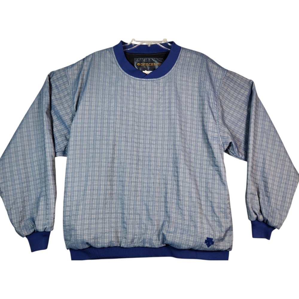 Descente Men's Pullover Jacket L Blue Plaid Lined Pockets Embroidered Logo USA